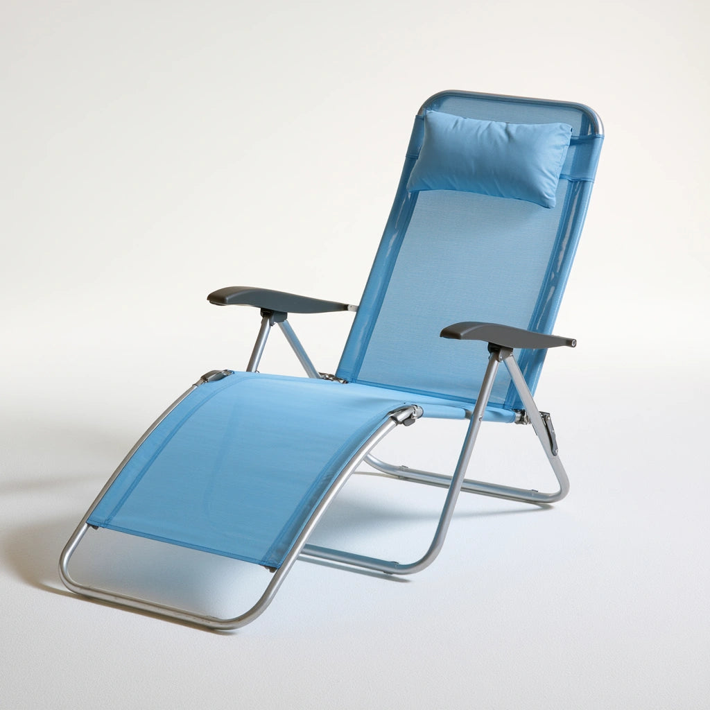 Fauteuil relax pliant aux lignes épurées pliant, coloris bleu clair et blanc