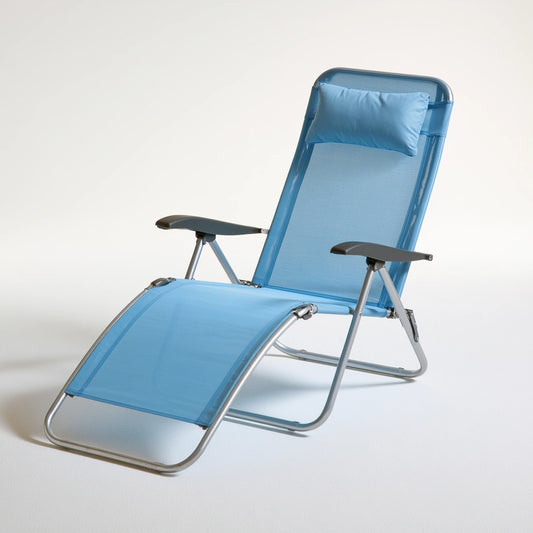 Fauteuil relax pliant aux lignes épurées pliant, coloris bleu clair et blanc