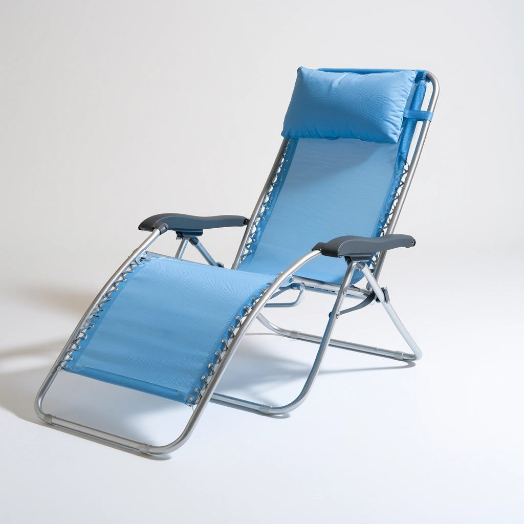 Fauteuil relax pliant aux lignes épurées pliant, coloris bleu clair et blanc