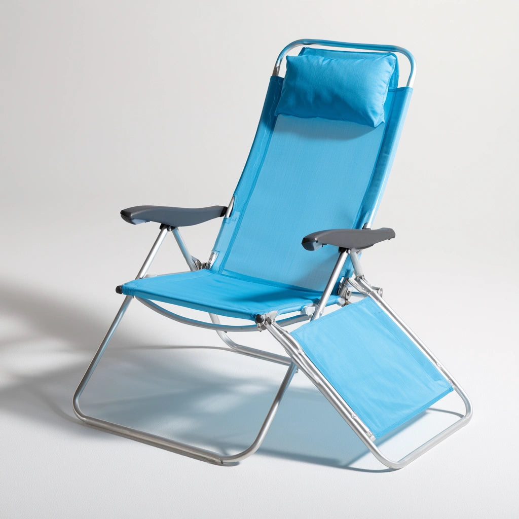 Fauteuil relax pliant aux lignes épurées pliant, coloris bleu clair et blanc