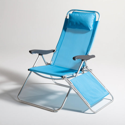 Fauteuil relax pliant aux lignes épurées pliant, coloris bleu clair et blanc