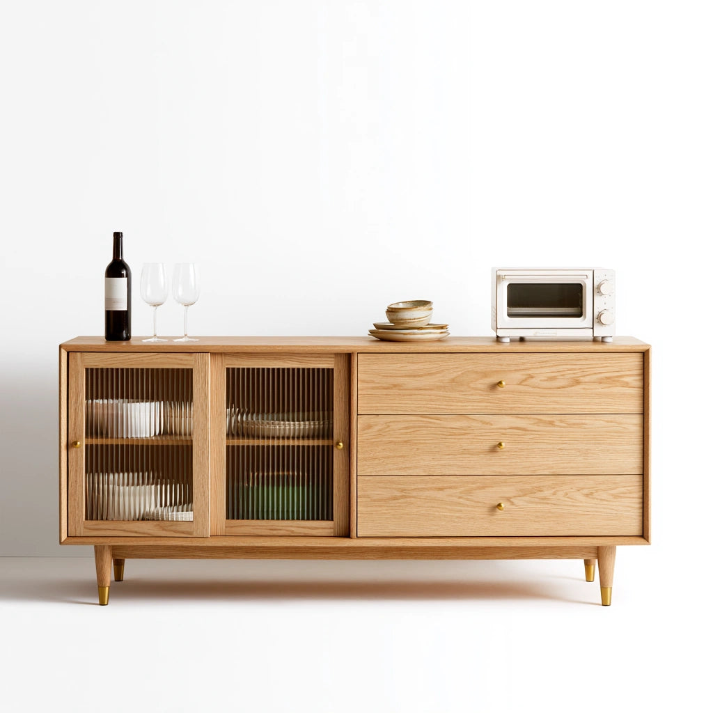 Buffet de rangement en bois finition chêne, coloris blanc et chêne clair