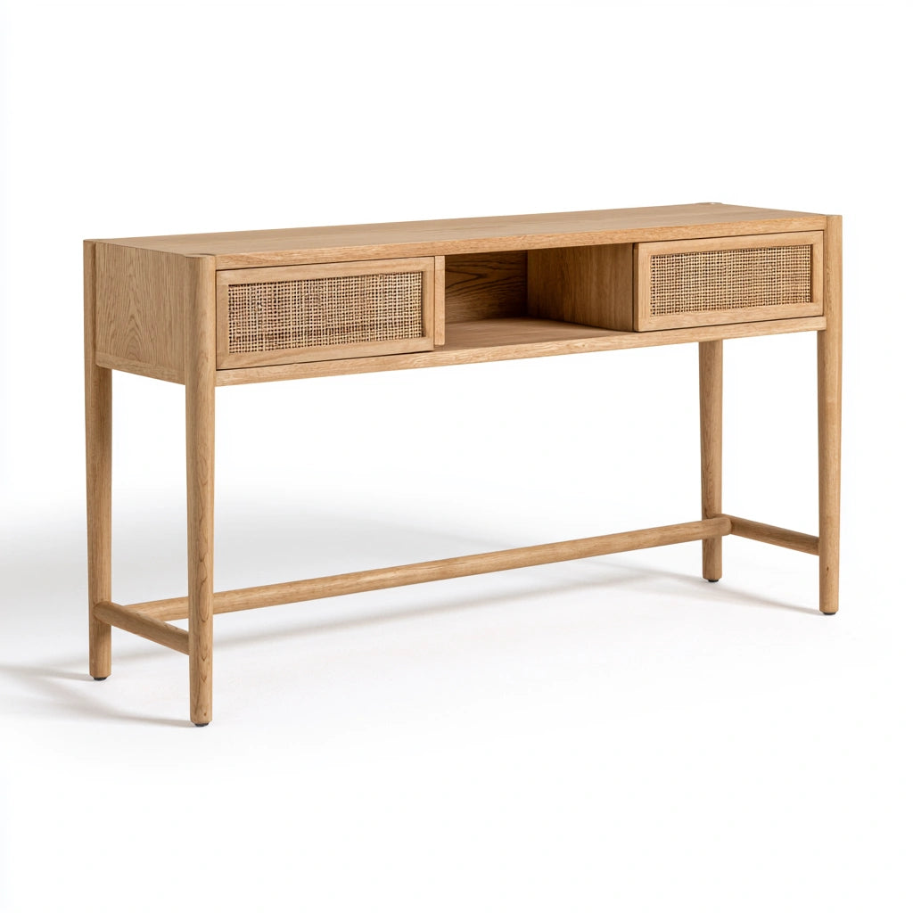 Console d'entrée en bois à deux tiroirs, coloris brun clair