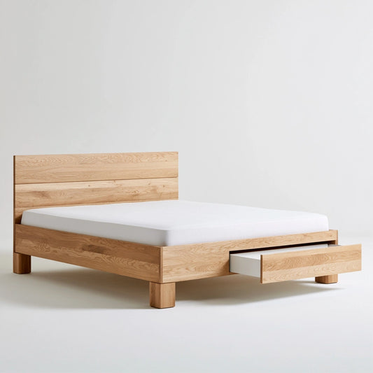 Cadre de lit avec tête de lit en bois finition chêne, coloris brun clair