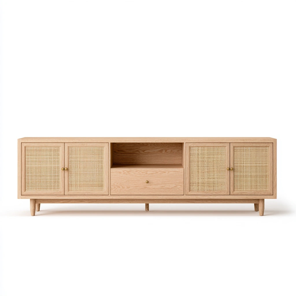 Meuble télévision en bois et rotin, coloris brun clair