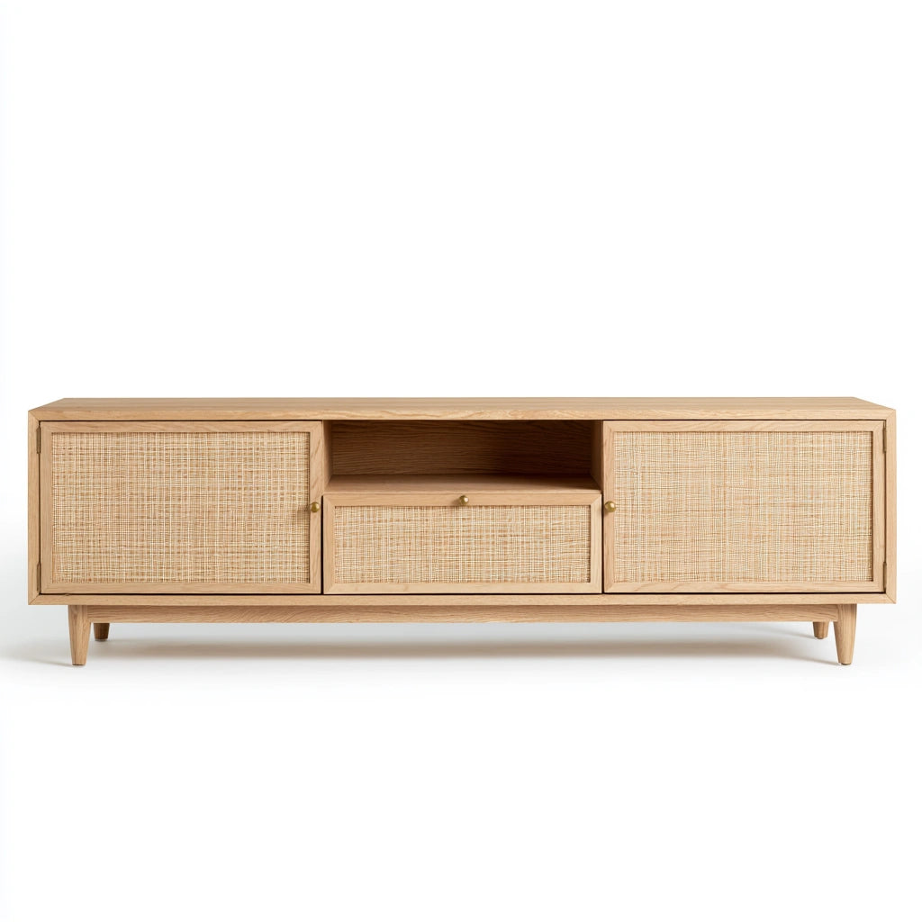 Meuble télévision en bois et rotin, coloris brun clair